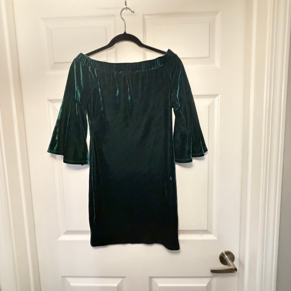 Velvet Off the Shoulder Dress Emerald Green Small Bell Sleeve Holiday Party Boho
